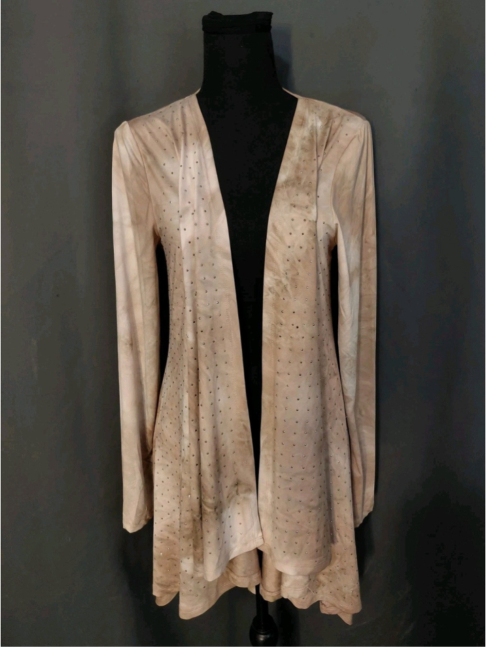 Vocal Womens Taupe Long Sleeve Tie Dye Boho Rhinestone Open Blouse Large NWT